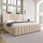 Lit double 180x200 tte de lit dore usb - c - rembourr lin beige - rangement hydraulique 226kg - design ...