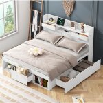 Lit double 180x200cm avec port usb et tiroirs et casiers lit multifonction grand espace de rangement ...