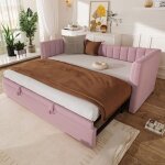 Lit gigogne - 2x90x200 cm - velours rose - t�te de lit rembourr�e - multifonctionnel