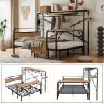 Lit double adulte 140x200 - bureau roulant & porte - vtements - structure mtal / mdf - noir / naturel ...