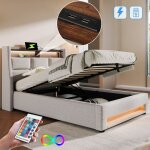 Lit double adulte 180x200 cm ? ports usb cadre en lin sommier m�tallique � lattes �clairage led (sans ...