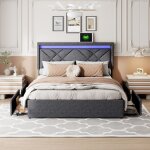 Lit double - ambiance - 140 x 200 cm - avec éclairage led - 4 tiroirs de rangement - lit rembourré avec ... Lit double - ambiance - 140 x 200 cm - avec éclairage led - 4 tiroirs de rangement - lit rembourré avec ...