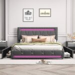 Lit double - ambiance - 160 x 200 cm - lit rembourr avec clairage led - 4 tiroirs de rangement et tte ...