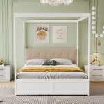 Lit double lit � baldaquin 140x200 cm bois blanc - grands tiroirs de rangement & dossier moelleux - sans ...