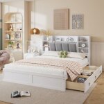 Lit double lit en bois 160 x 200 cm lit plat avec tagres tiroirs compartiments de rangement - blanc ...