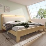 Lit double bois 160x200�cm lit adulte rembourr� en velours c�tel� avec �clairage led �tag�res et sommiers ...