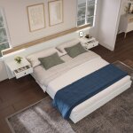 Lit double bois massif 140 x 200 cm avec 2 tables led de chevet lit adulte moderne usb avec tête de lit ... Lit double bois massif 140 x 200 cm avec 2 tables led de chevet lit adulte moderne usb avec tête de lit ...