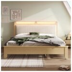 Lit double en bois massif 160�200 cm avec t�te de lit avec rangement �clairage led et dossier rembourr� ...