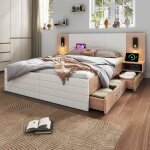 Lit double en bois massif 180x200cm avec 2 tiroirs et usb lit adulte avec 2 tables de chevet avec cadre ... Lit double en bois massif 180x200cm avec 2 tiroirs et usb lit adulte avec 2 tables de chevet avec cadre ...