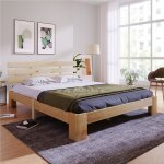 Lit double cadre de lit en bois massif avec sommier en lattes pour lit adulte et dadolescent naturel ...