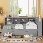 Lit double canap� - lit 140x200 + lit gigogne 90x190 bois massif gris - usb rangements - multifonction ...