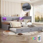 Lit double canap� - lit m�ridienne 140x200cm gris led rangement chevet gigogne usb (sans matelas)