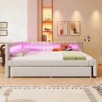 Lit double canapé - lit méridienne 140x200cm led télécommandé + ports usb / type - c lin beige - lit ... Lit double canapé - lit méridienne 140x200cm led télécommandé + ports usb / type - c lin beige - lit ...