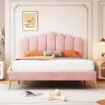 Lit double capitonné 140 x 200 cm avec tête de lit et sommier à lattes tissu velours - aapaas - rose Lit double capitonné 140 x 200 cm avec tête de lit et sommier à lattes tissu velours - aapaas - rose