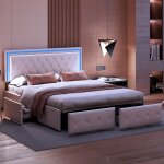 Lit double capitonn� 140 x 200cm eclairage led et 4 tiroirs - lit 2 personnes - tissu en cuir - sommier ...
