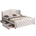 Lit double capitonné - marque - 140x200 cm - 2 rangement tiroirs - sommier à lattes - similicuir - blanc ... Lit double capitonné - marque - 140x200 cm - 2 rangement tiroirs - sommier à lattes - similicuir - blanc ...