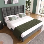Lit double capitonn 140x200 cm lit adulte (sans matelas) avec sommier  lattes et tte de lit lin - ...