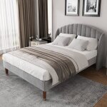 Lit double capitonn 160x200 cm - sommier  lattes en bois - tte de lit droite raye - velours - gris ...