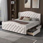 Lit double capitonn 160x200 - sommier lattes 2 tiroirs tte de lit rivets bois / simili cuir blanc(sans ...