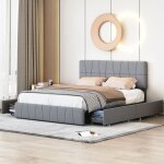 Lit double capitonné 160x200cm avec 4 tiroirs tête de lit réglable en hauteur sommier à lattes inclus ... Lit double capitonné 160x200cm avec 4 tiroirs tête de lit réglable en hauteur sommier à lattes inclus ...