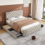 Lit double capitonné 180 * 200cm lit de rangement quatre tiroirs tête de lit réglable en hauteur tissu ... Lit double capitonné 180 * 200cm lit de rangement quatre tiroirs tête de lit réglable en hauteur tissu ...