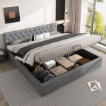 Lit double capitonné 180 x 200 cm avec tête de lit - lit coffre - gris - contemporain - design Lit double capitonné 180 x 200 cm avec tête de lit - lit coffre - gris - contemporain - design