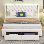 Lit double capitonné 180x200 cm en beige tête de lit rembourré sommier et coffre de rangement led et ... Lit double capitonné 180x200 cm en beige tête de lit rembourré sommier et coffre de rangement led et ...