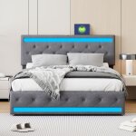 Lit double capitonné - leww - 140 x 200 cm - 4 tiroirs - led et usb (type - c) - lin et bois - gris foncé ... Lit double capitonné - leww - 140 x 200 cm - 4 tiroirs - led et usb (type - c) - lin et bois - gris foncé ...