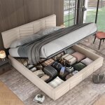 Lit double capitonné - gutent - 160 x 200 cm - velours beige - style scandinave - tête de lit réglable ... Lit double capitonné - gutent - 160 x 200 cm - velours beige - style scandinave - tête de lit réglable ...