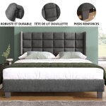 Lit double capitonn�e 140�x�200�cm avec haut t�te de lit en lin pieds de support renforc�s - sommier ...