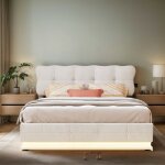 Lit double coffre 140x200 cm - beige - sommier � lattes - design moderne - t�l�commande lumineuse