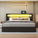Lit double coffre rembourr 160x200 led bluetooth usb cuir pu sommier lattes noir - mezzanine rangement ...