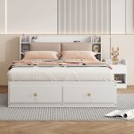 Lit double combiné 140x200cm - bois blanc - rangements (tiroirs / placard) + banquette - tête de lit ... Lit double combiné 140x200cm - bois blanc - rangements (tiroirs / placard) + banquette - tête de lit ...
