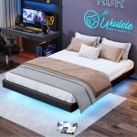 Lit adulte 160x200 cm lit coffre avec rangement sommier lattes design suspendu sans tte de lit et led ...