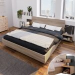 Lit double - design moderne - ch�ne sonoma - gris fonc� - 160x200 cm - 2 tables de nuit