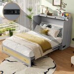 Lit double lit escamotable 140x200 avec tiroirs �tag�re prises usb et courant mobile convertible gris ...