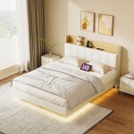 Lit double flottant 140x200 cm avec led rgb eu et tablettes - cuir pu - t�te de lit panneau lat�ral en ...