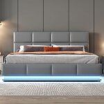 Lit double maisentiel 160x200 cm simili cuir gris avec �clairage led et coffre de rangement hydraulique ...
