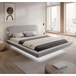 Lit double pour matelas 150x190cm design flottant avec lumi�re led cadre en bois tapiss� en lin gris ...