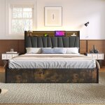 Lit double m�tal 180x200 cm gris avec t�te led ports usb et sommier (sans matelas)