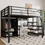 Lit mezzanine 140 * 200 cm lit ado lit enfant cadre de lit m�tal avec bureau armoire et �tag�res de rangement ...
