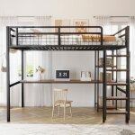 Lit en mtal lit mezzanine 140 * 200 cm quip dchelle de scurit table tagre garde - corps et espace ...