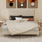 Lit double - moderne - velours hollandais - beige - 160x200cm - t�te de lit haute