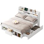 Lit double multifonction - blanc - 180x200 cm - usb - tiroirs - armoire intégrée Lit double multifonction - blanc - 180x200 cm - usb - tiroirs - armoire intégrée