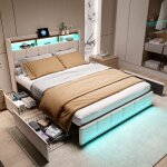 Lit double rembourr� 140 x 200 lit adulte avec led et fonction de recharge lit de rangement avec 4 tiroirs ...