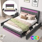 Lit double rembourr� - luminarix - 140 x 190 cm - led int�gr�e - 4 tiroirs - t�te de lit r�glable