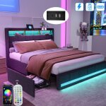 Lit double rembourr� - 140x200 - avec led et usb - lit coffre - 4 tiroirs - 2 personnes - en lin doux ...