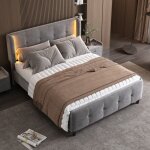 Lit double rembourr� 140x200 en velours gris avec bande led 16 couleurs t�te ajustable et pied capitonn� ...