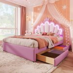 Lit double rembourr� 140x200cm lit enfant lit princesse lit capitonn� pu avec t�te de lit couronne lumi�re ...
