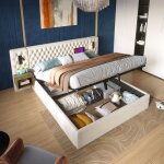 Lit double rembourr� 160�200 cm 2 tables de chevet lit coffre avec lampe de lecture de t�te de lit et ...